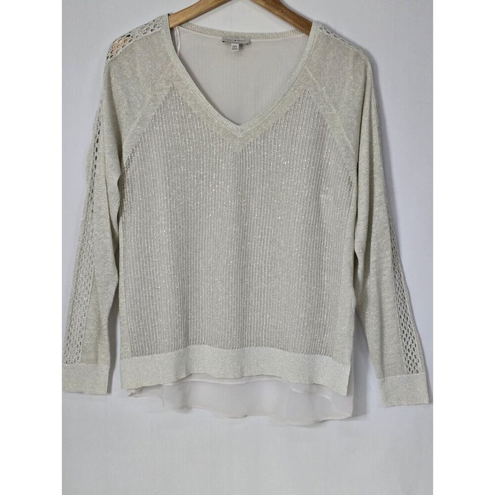 Lucky Brand Metallic Linen V-Neck Sweater Womens Mediu Lined Shimmer Lightweight